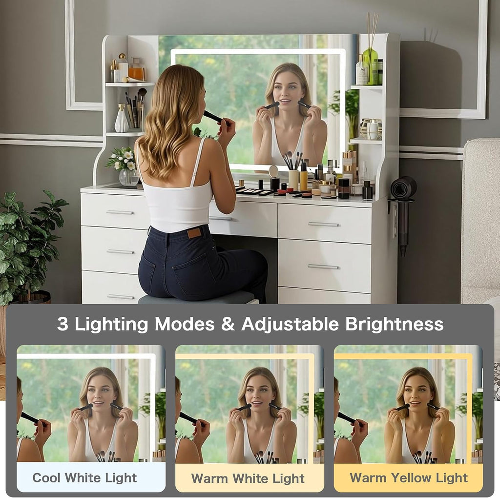 Vanity Desk with Mirror and Lights: 46" Makeup Vanity with 9 Drawers, Large Make Up Desk with Chair, Dressing Table