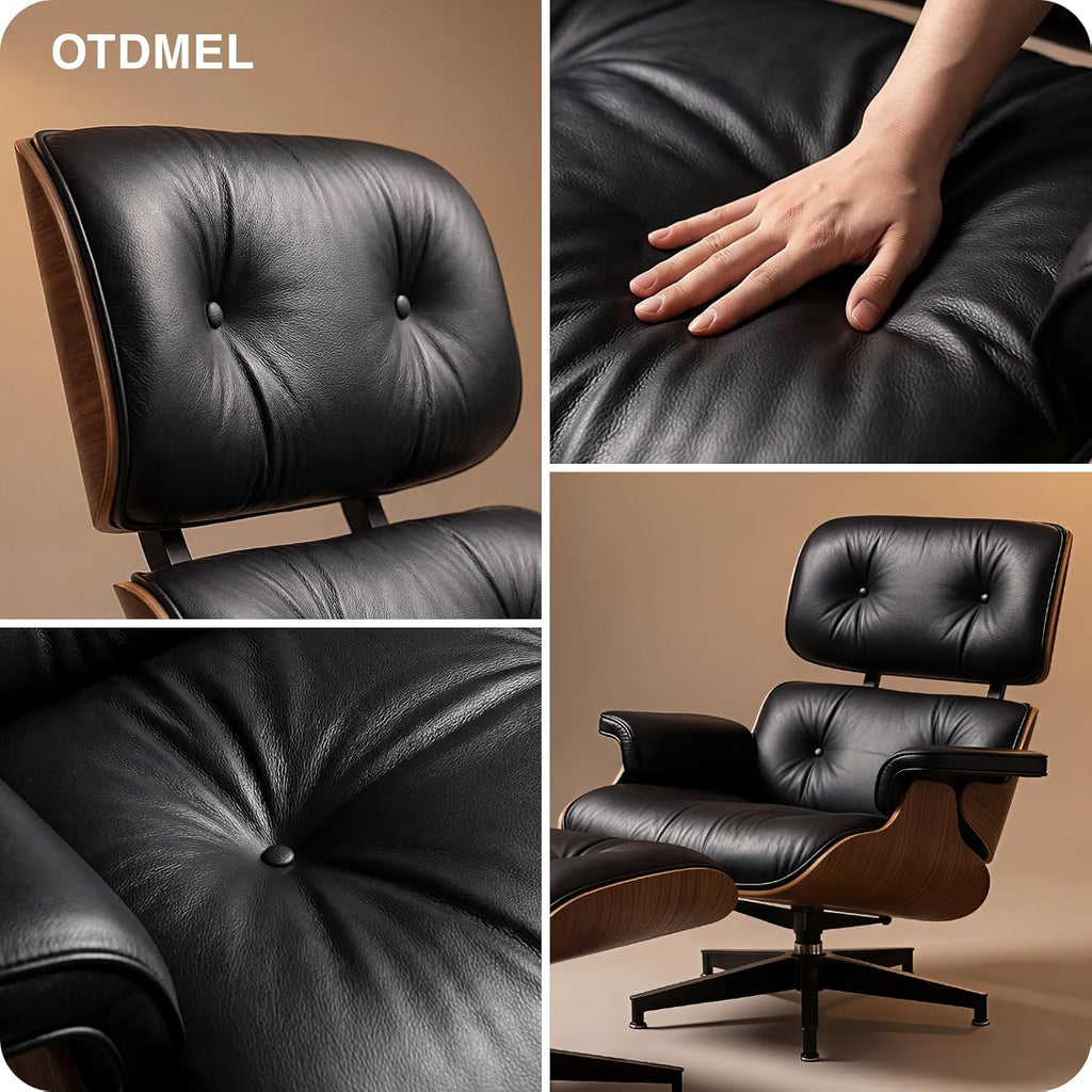 Mid-Century Modern Lounge Chair & Ottoman — Premium Top-Grain Leather, Walnut Base, Extended Chaise