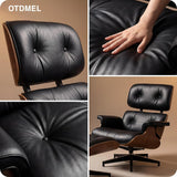 Mid-Century Modern Lounge Chair & Ottoman — Black Top-Grain Leather, Walnut Base, Extended Chaise