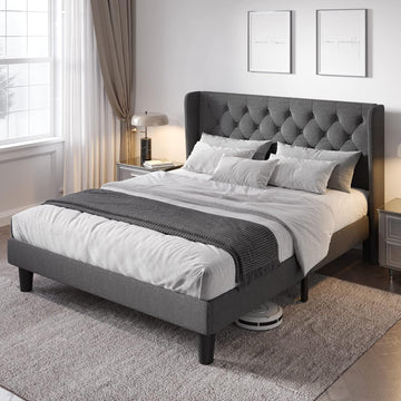 Queen Bed Frame with Button Tufted Wingback Headboard, Upholstered Platform Bed with Wooden Slats Support