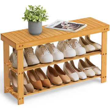 Shoe Rack Bench, 3-Tier Bamboo Entryway Bench, 35.2 Inches Width