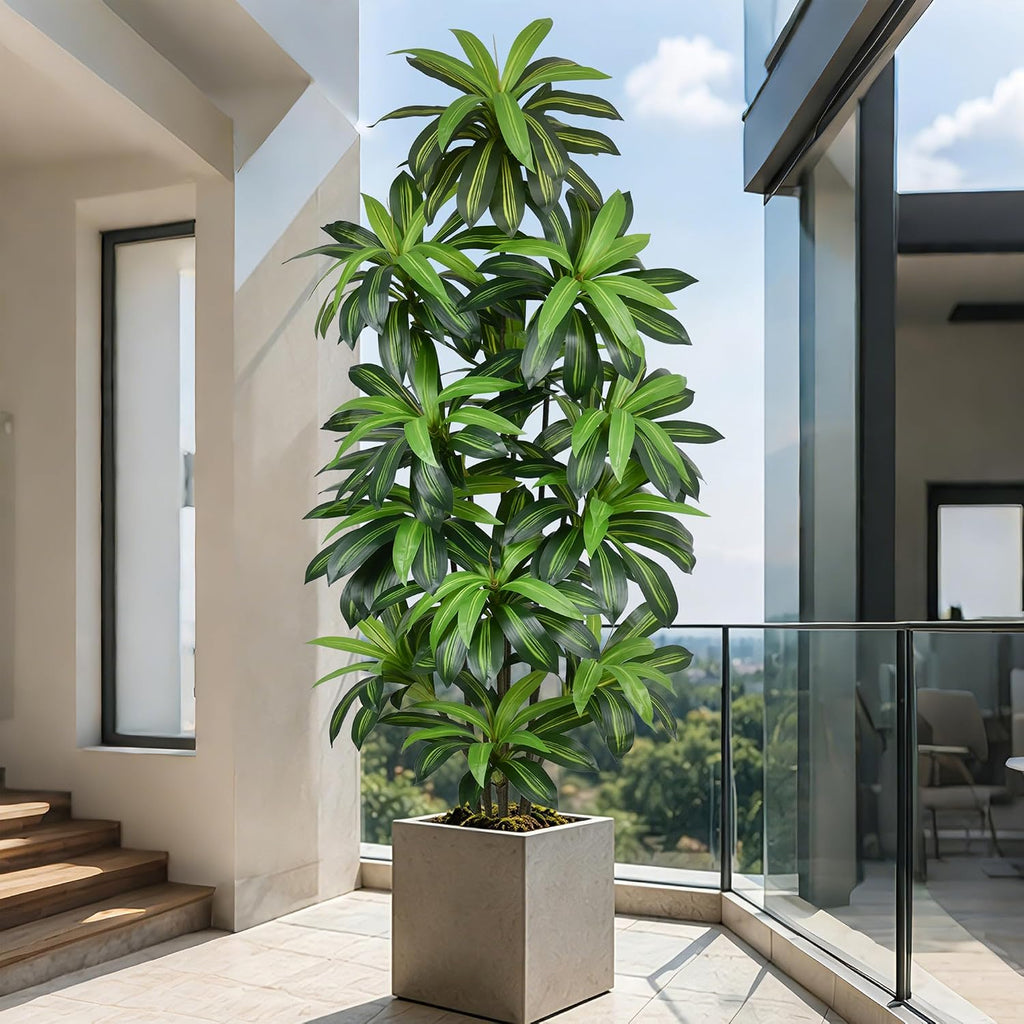 8FT Artificial Dracaena Floor Tree, Large Potted Faux Tropical Plant with Realistic Green Leaves, Tall Indoor