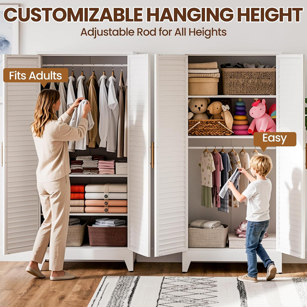 Metal Armoire Wardrobe Closet, 71" Clothing Storage Cabinets with Adjustable Hanging Rod, Louvered Doors, 2 Side