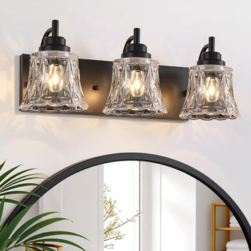 Vintage Bathroom Light Fixtures, 3-Light Matte Black Crystal Glass | Mounted Over Mirror, Matte Black Finish, Vintage