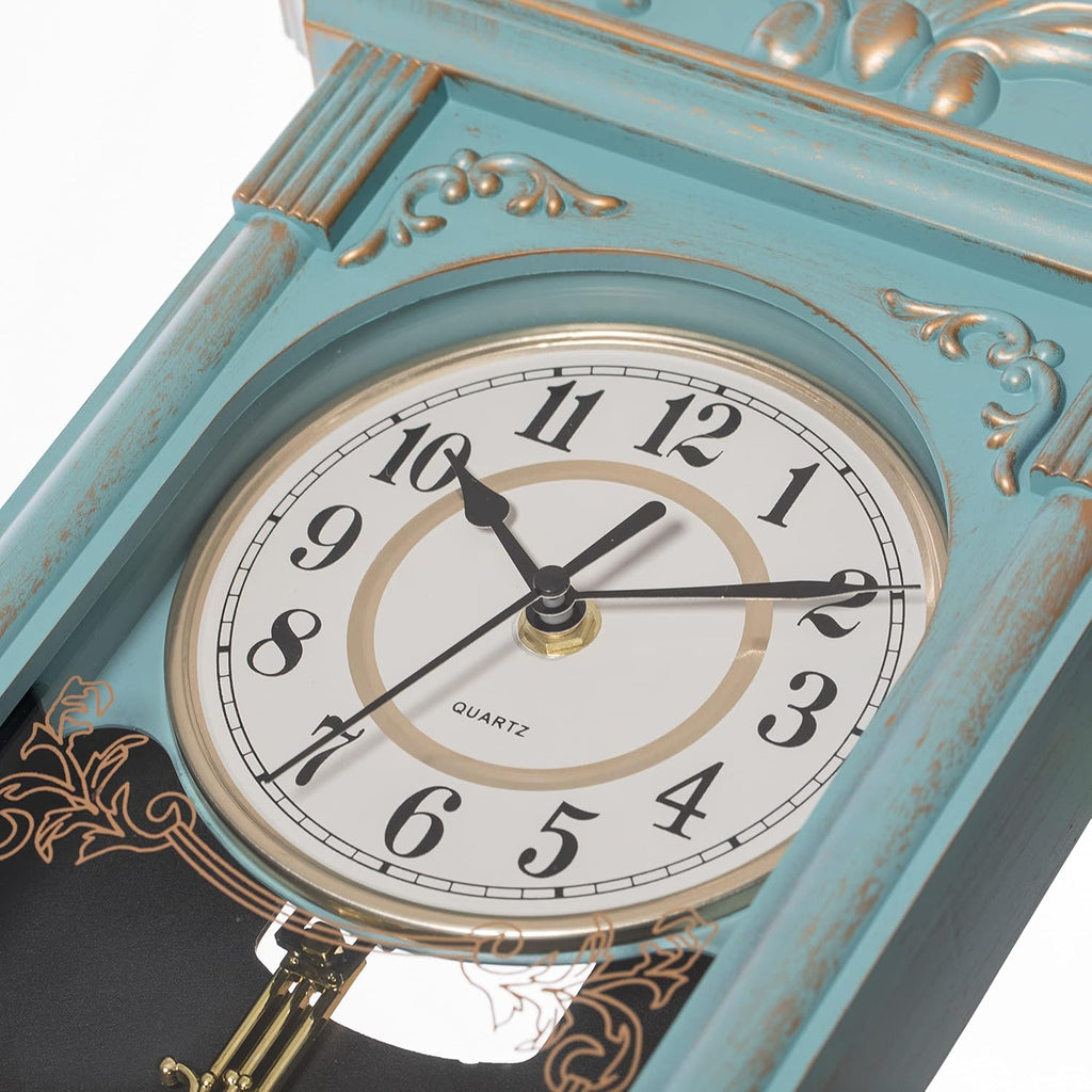 Vintage Grandfather-Style Wall Clock with Wood-Effect Plastic Pendulum Battery-Operated for Home Decor