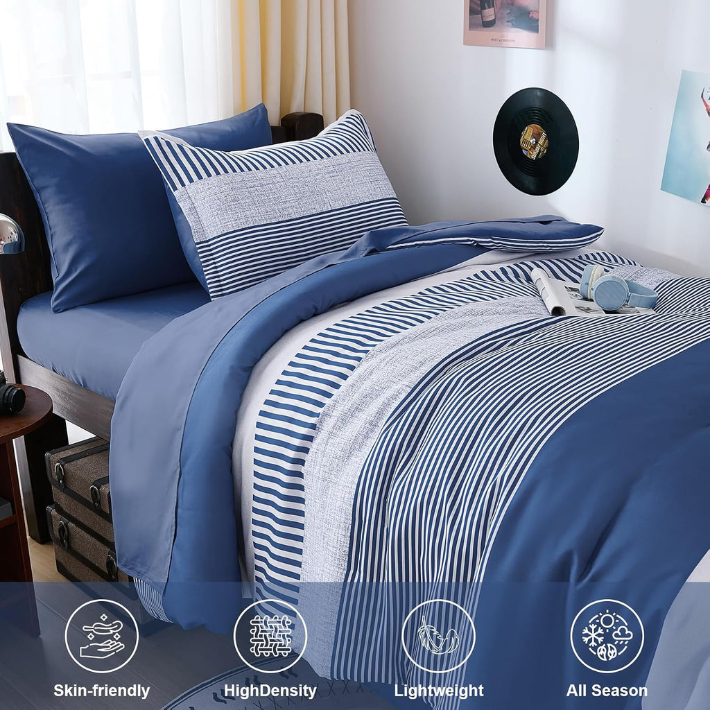 Comforter Navy Blue Striped Comforters for Boys&Girls,5 Pieces Bed in A Bag Simple Neutral-Style Bedding Sets