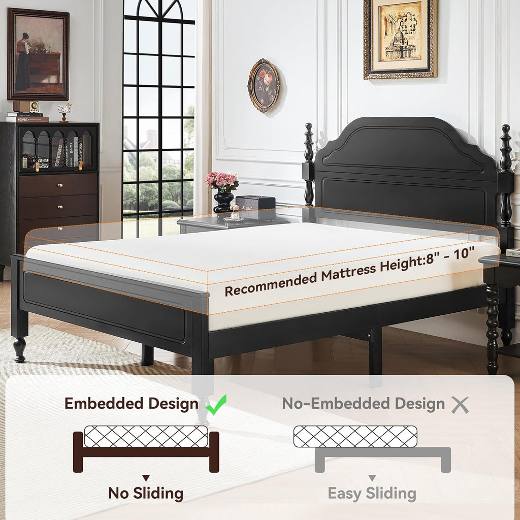 Wood Bed Frame Queen, Wooden Retro Style Queen Bed Frame with Headboard and Footboard, Heavy Duty Bed Frame with 12