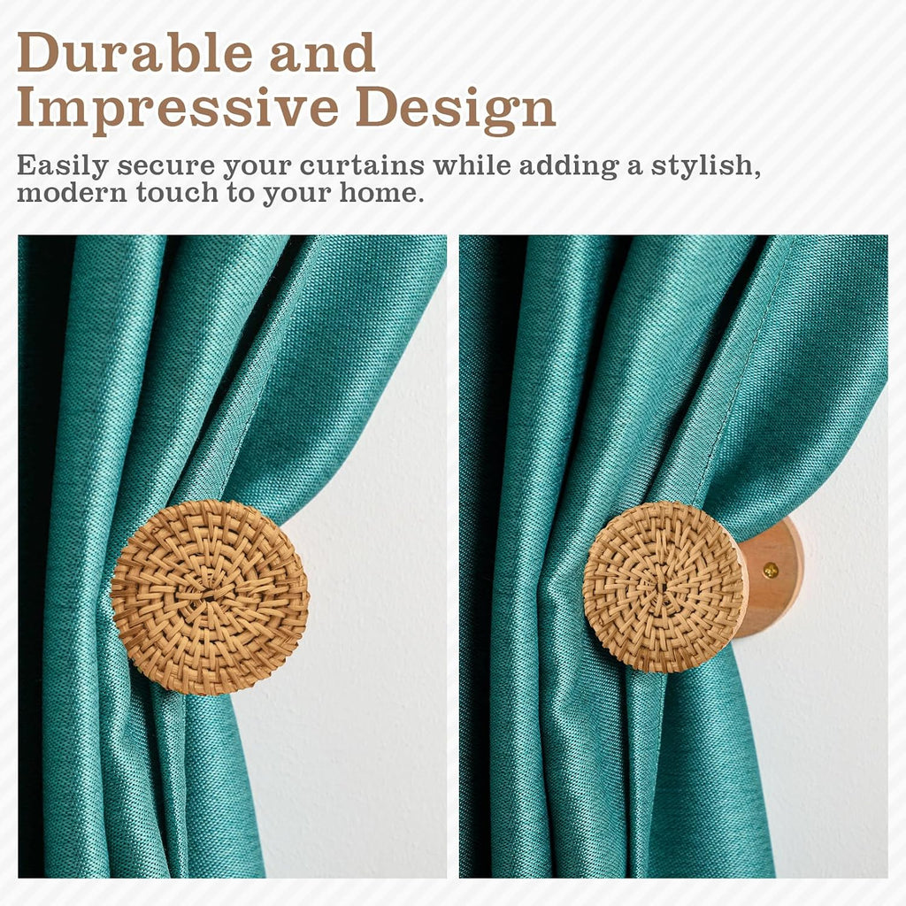 2 Pack Boho Curtain Holdbacks Rattan Tiebacks Coastal Curtain Holdbacks for Curtains Wall Mounted Nautical Ocean