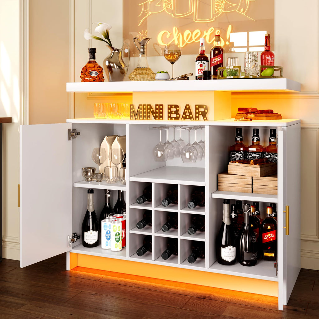 White Wine Cabinet, Fluted Coffee Bar with LED & Outlets