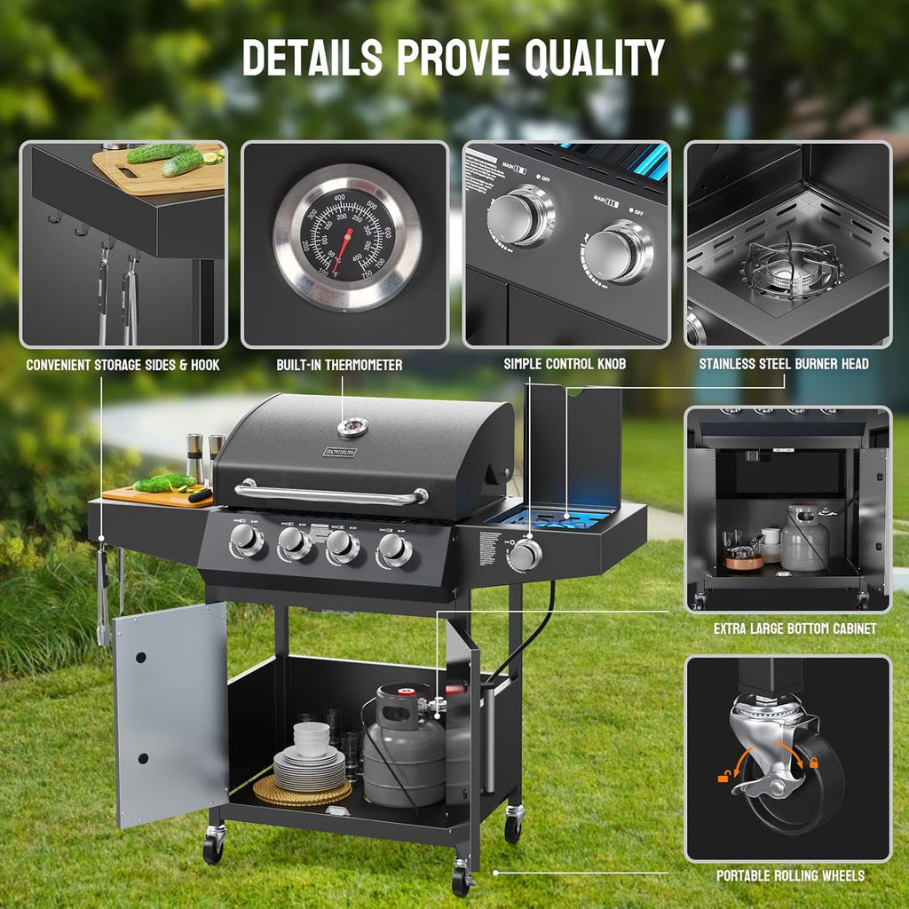4-Burner Propane Gas Grill with Side Burner, 58,000 BTU BBQ Grill with Enameled Cast Iron Grates, Cabinet and Shelf for Patio and Backyard