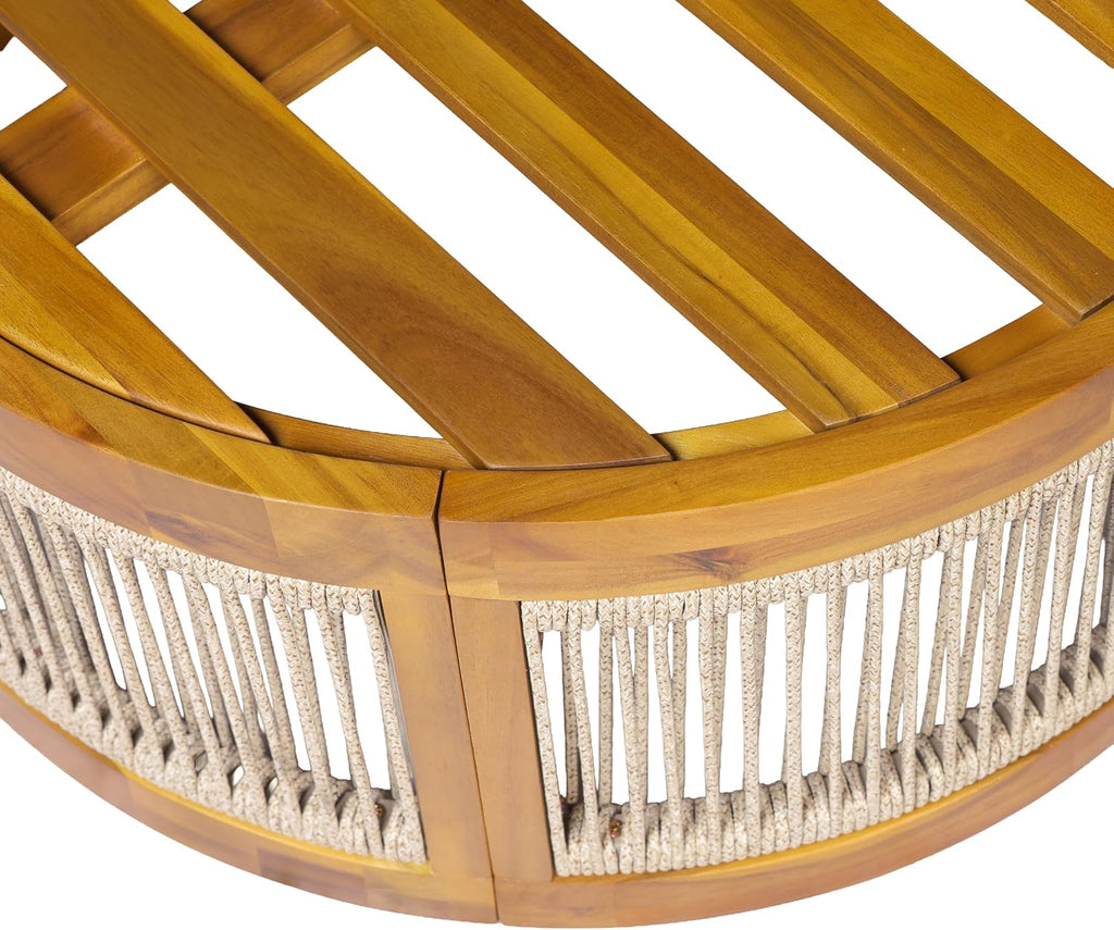 Chaise Lounge Chair Outdoor with Rope Accent, Slatted Design Acacia Wood Poolside Sun Lounger, 3-Position