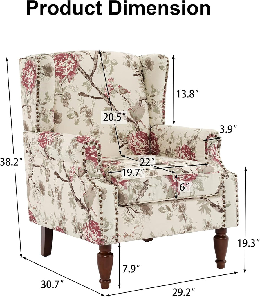 High Back Floral Accent Chair - Retro Wingback Upholstered Armchair with Nailhead Trim, Solid Wood Legs, Fabric