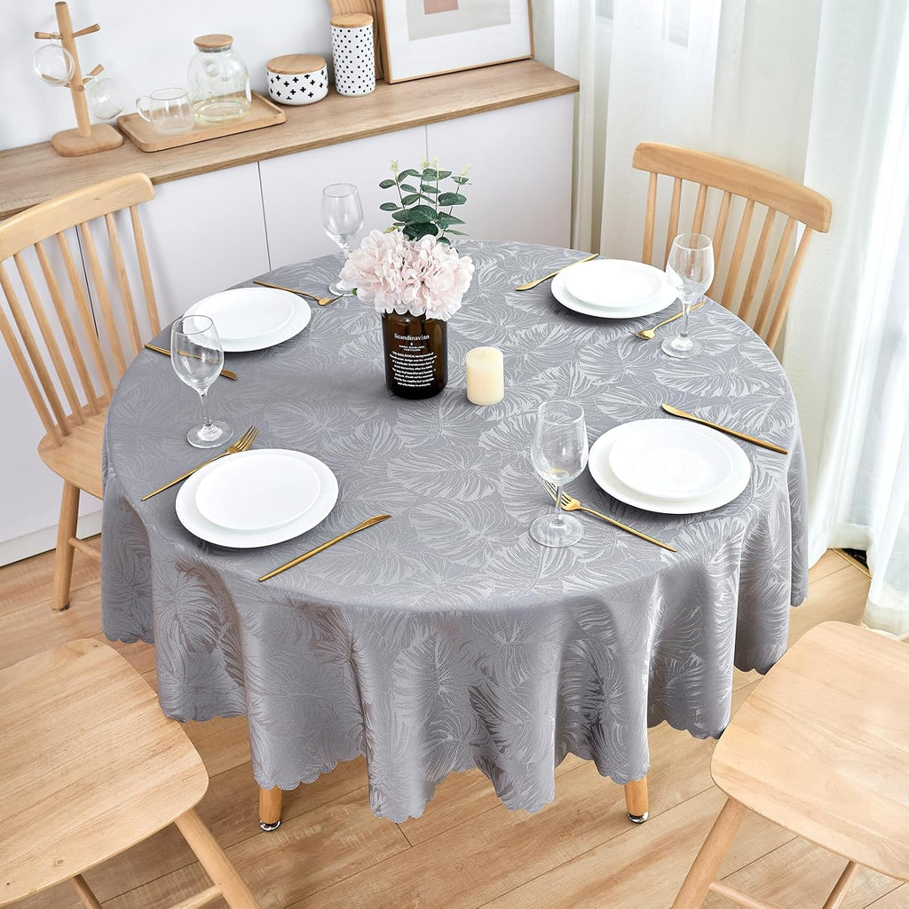 Jacquard Round Tablecloth 60 Inch Grey Table cloth Leaves Pattern Scalloped Edge Silky Soft Waterproof Wrinkle