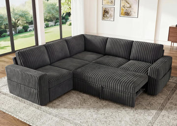 Modular Sectional Sleeper Sofa with Pull Out Bed,Corduroy L Shaped Couch with Storage, Sectional Couches ,Dark Grey