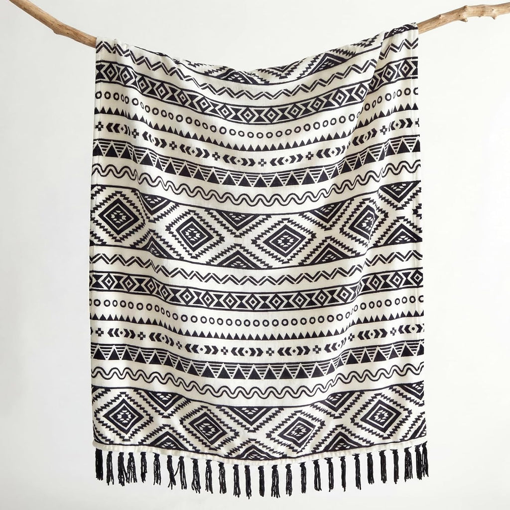 Boho Throw Blanket with Tassel, Farmhouse Western Flannel Bohemian Blanket, Vintage Native Mexican Decorative Throw