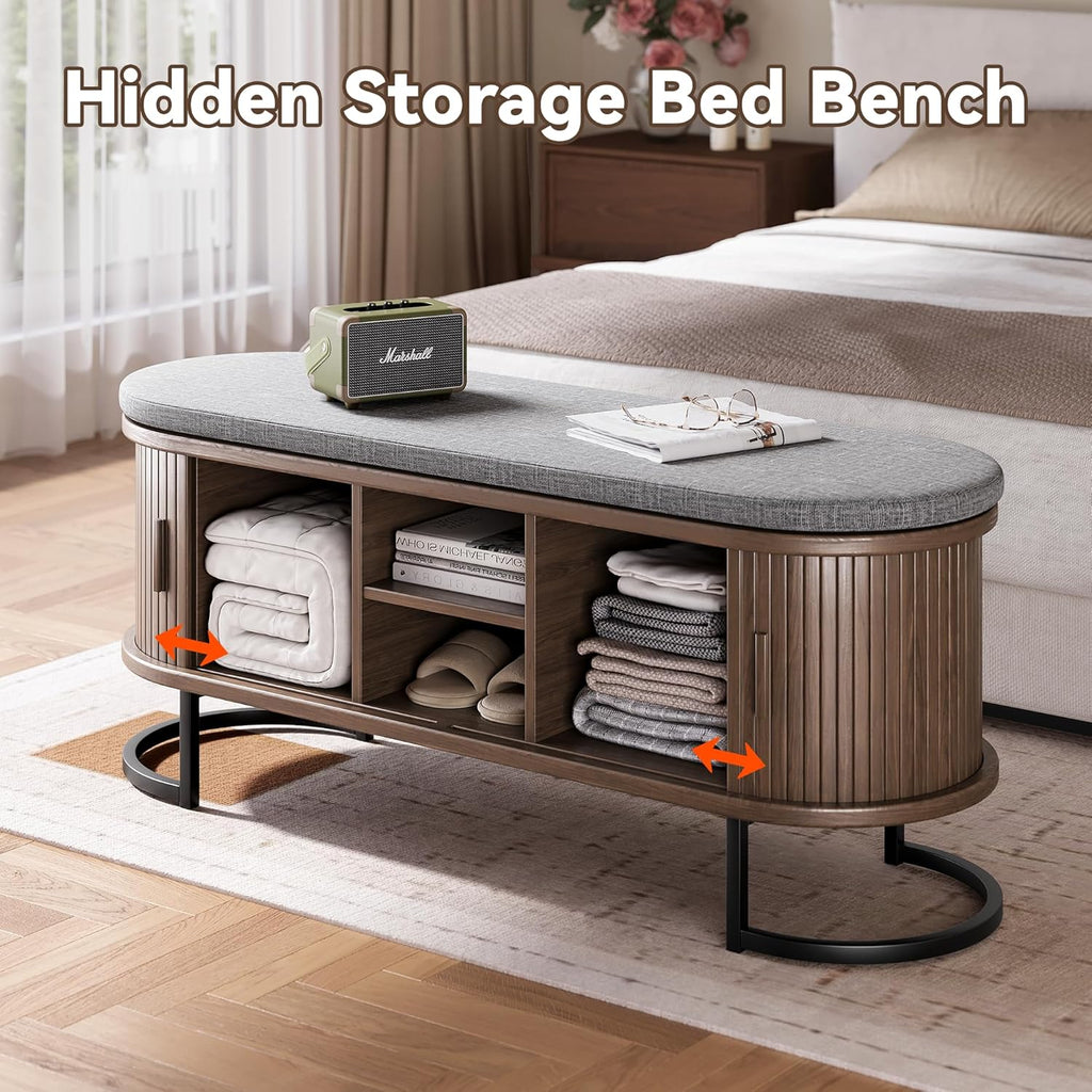 Shoe Storage Bench with Cushion and Sliding Doors, 47.2 Inch Shoe Bench with Storage, Freestanding Entryway Bench