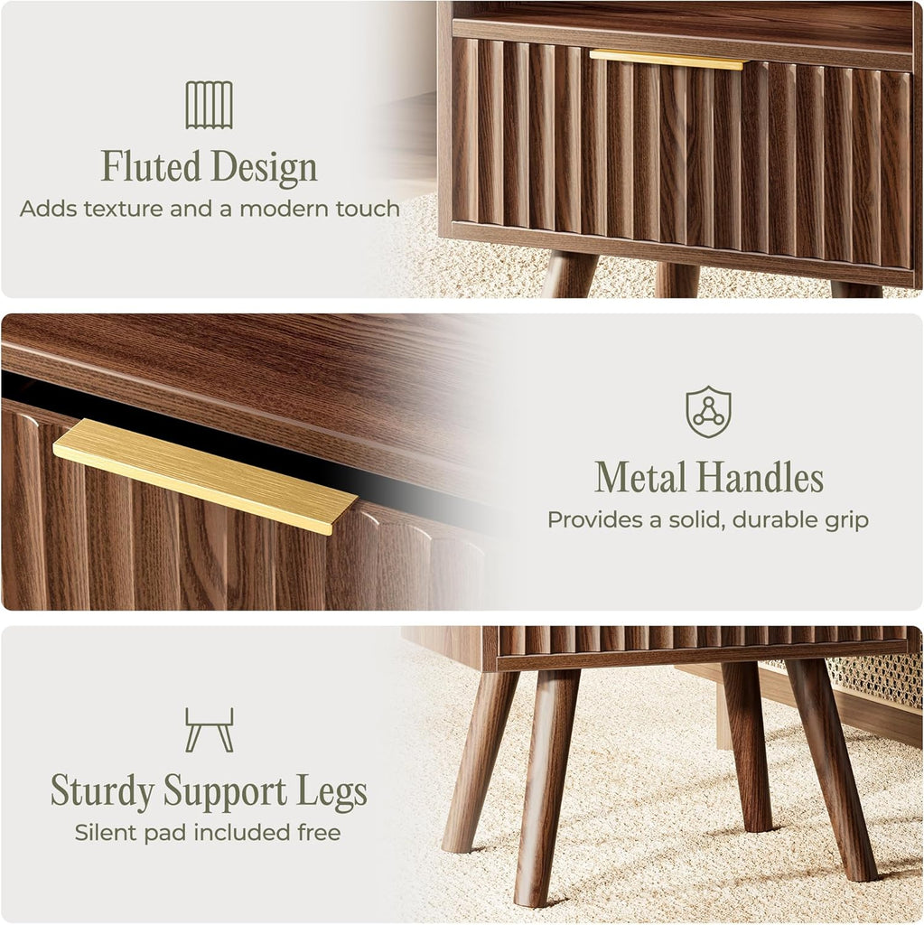 Nightstand with Charging Station, USB-C Port, Fluted Night Stand with Drawer, Bed Side Table with Solid Wood Feet
