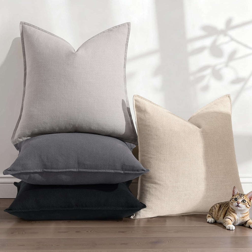 Summer Decorative Linen Throw Pillow Covers 18x18 Inch Set of 2 Light Grey Pillow Covers with Flange Edges Soft
