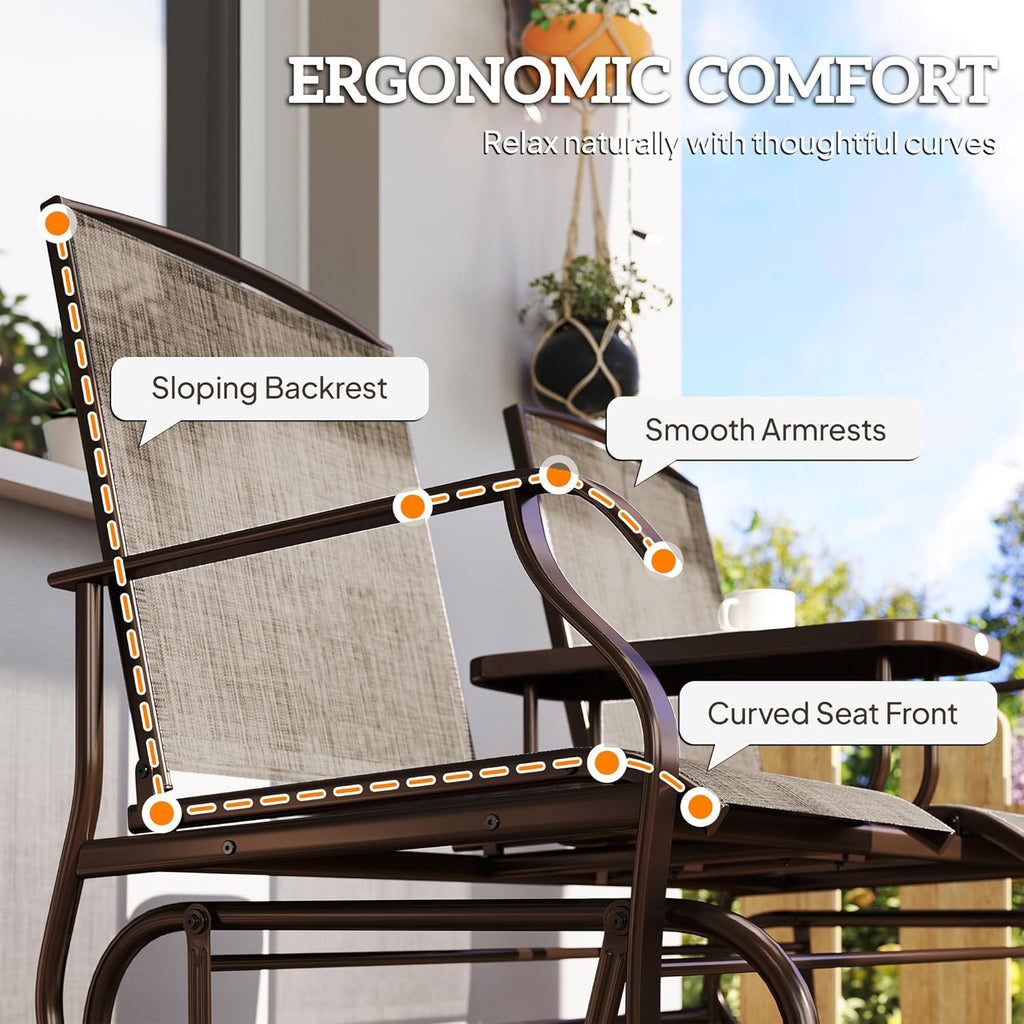Outdoor Glider Bench with Center Table Metal Frame Armrests Brown | Patio Loveseat, Breathable Mesh Fabric, for