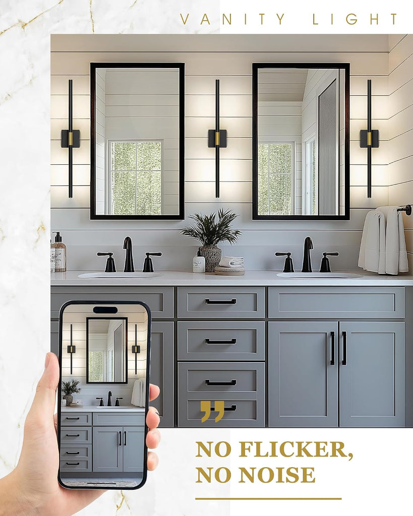 40 Inch Bathroom Light Fixtures, 24W 3CCT Dimmable Black and Gold LED Vanity Lighting Fixtures Over Mirror