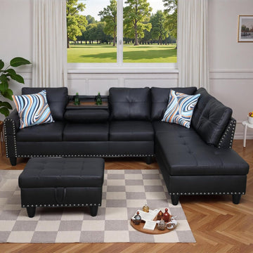 L-Shaped Sectional Sofa with Movable Chaise & Storage Ottoman