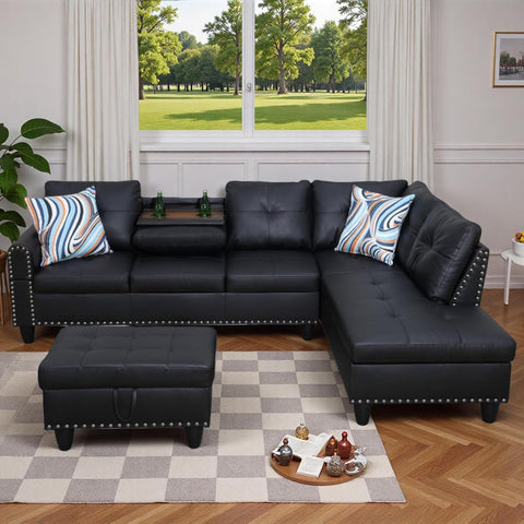 L-Shaped Sectional Sofa with Movable Chaise & Storage Ottoman