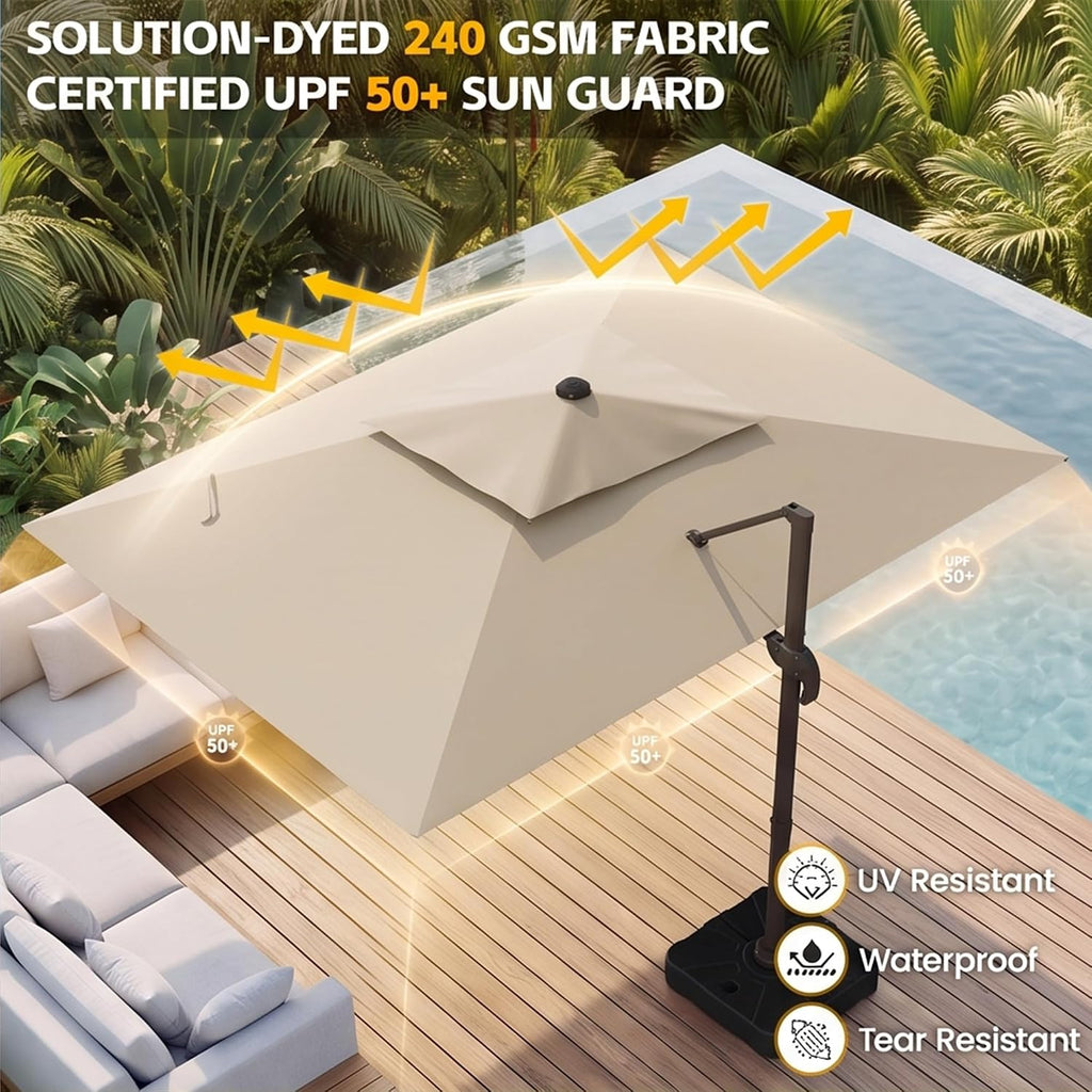 9x12 FT Patio Cantilever Umbrella with Base, Rectangular Heavy Duty Offset Umbrella for 6-8 People - Beige