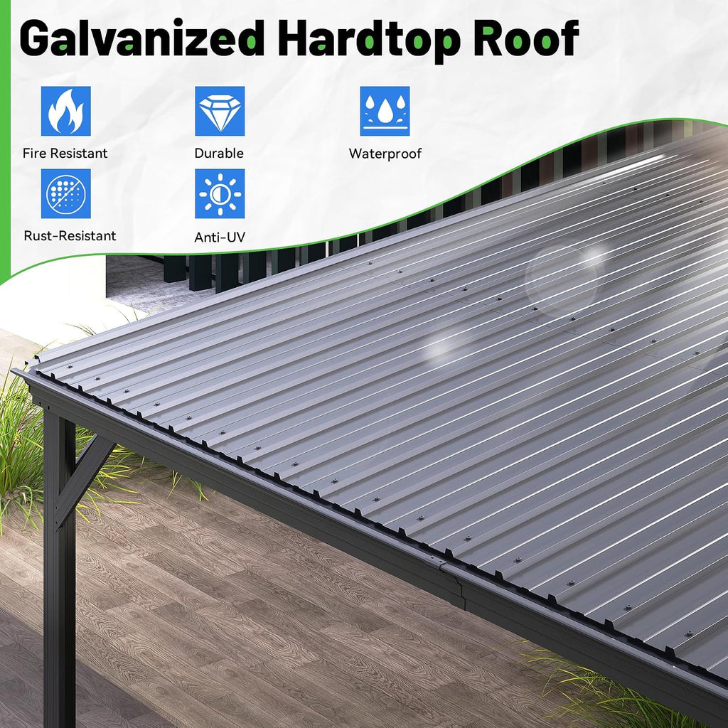 10x14FT Lean to Gazebo, Outdoor Hardtop Wall Mounted Gazebo with Gutter & Sloping Galvanized Steel Roof
