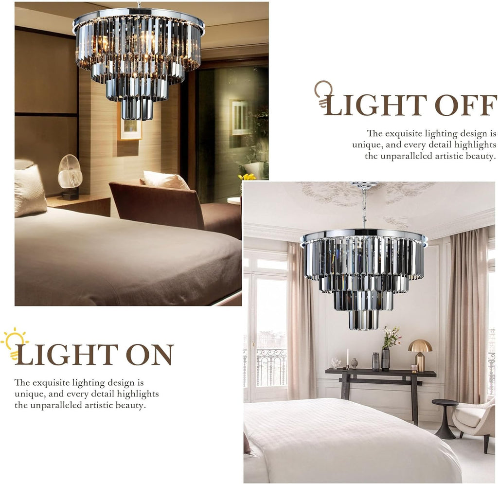 Inspired Odeon Style Chrome Smoke Crystal 4-Tier Modern Chandelier W23.6"