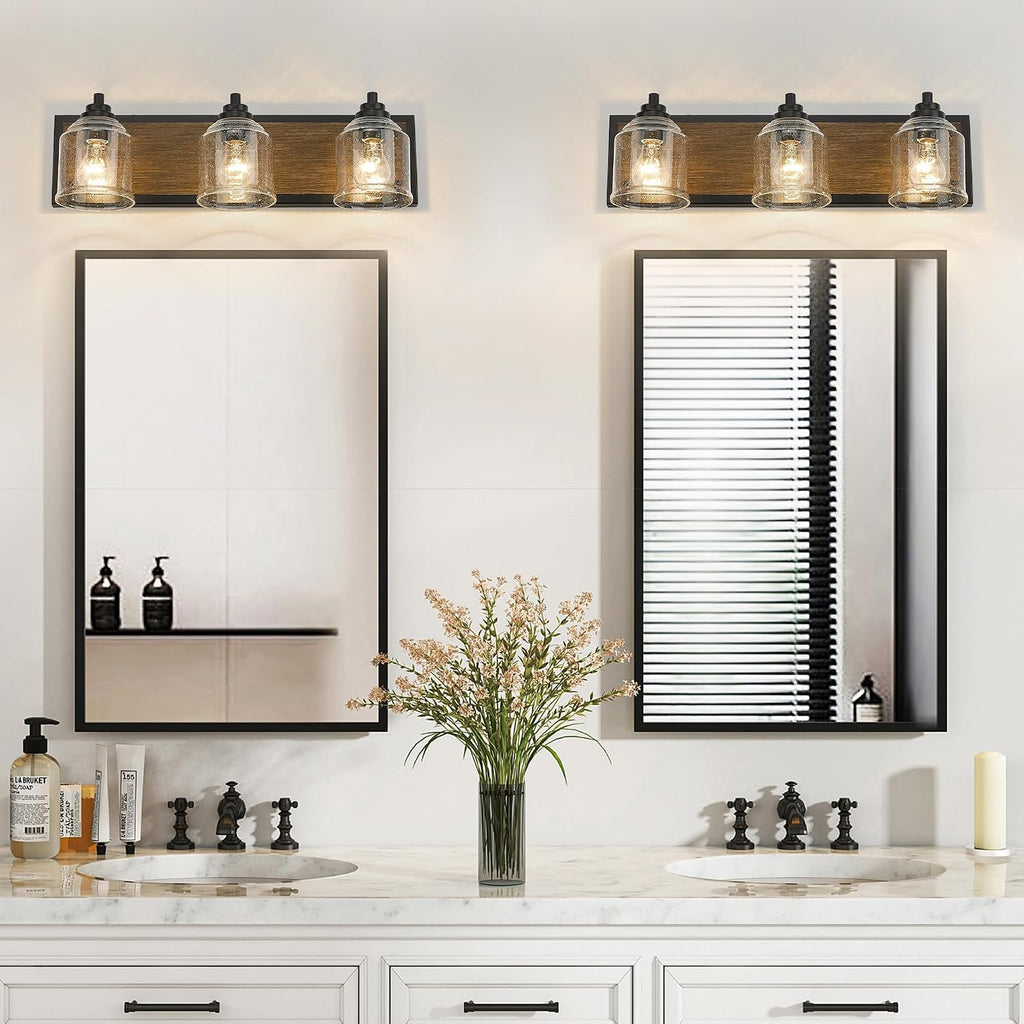 23" 3-Light Farmhouse Bathroom Vanity Light with Bubble Glass, Brown | Farmhouse Rustic style, Metal base with