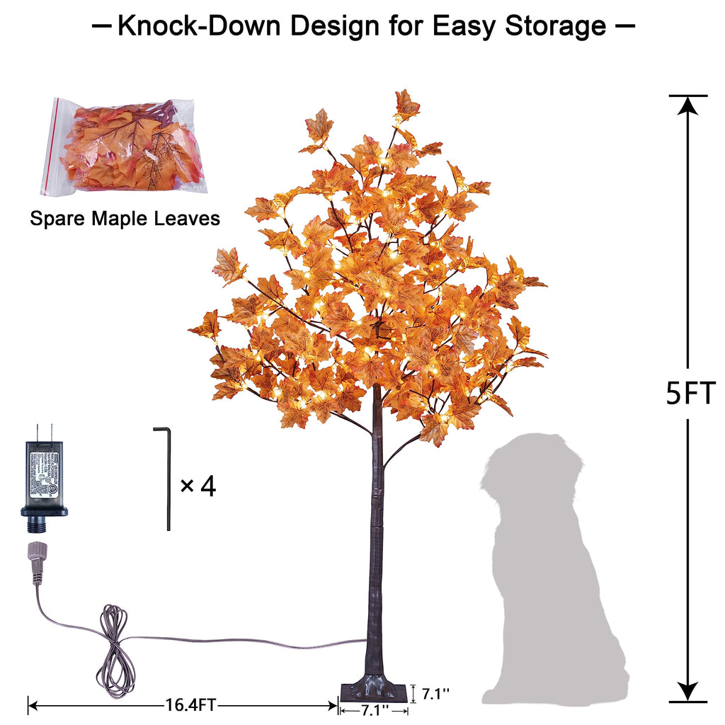 5FT 96LED Artificial Lighted Maple Tree Warm White Halloween Fall Decorations Indoor Ourdoor, Orange