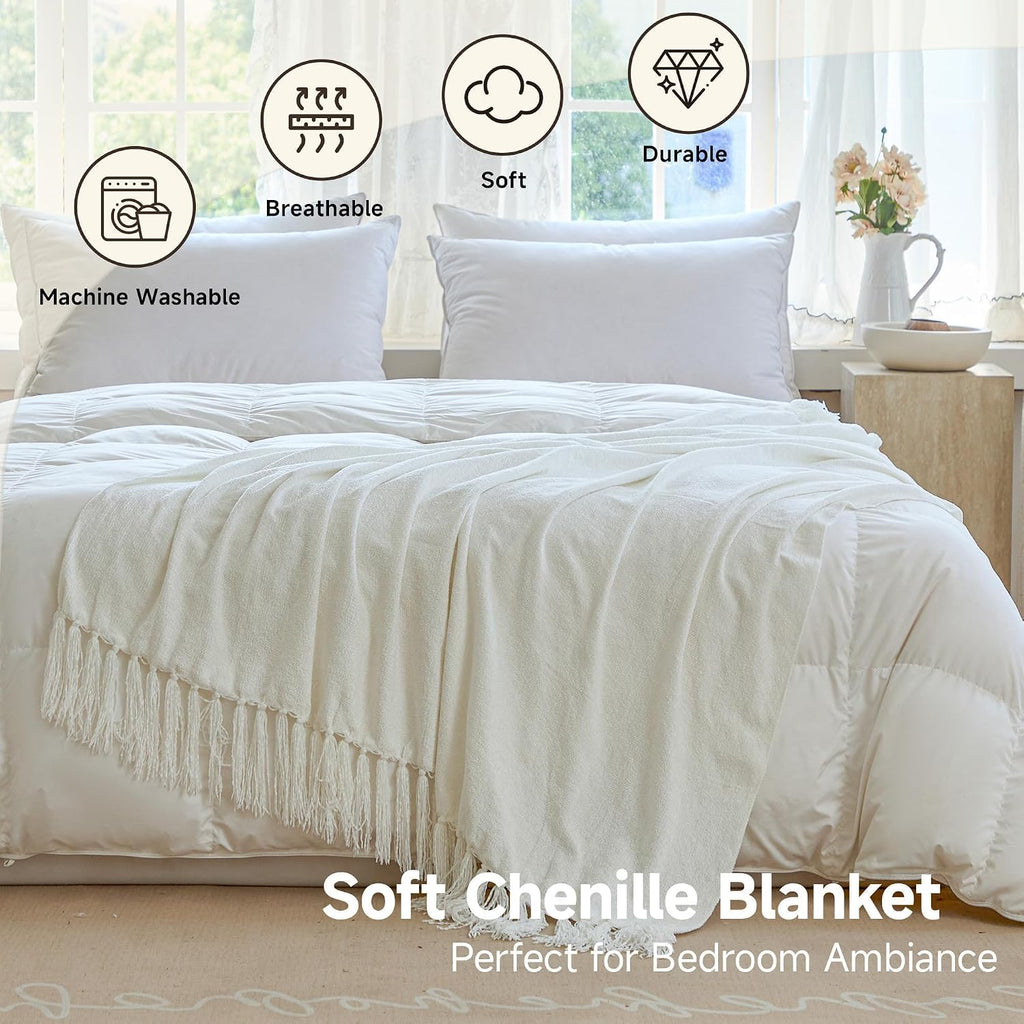 Soft Chenille Throw Blanket 50'' x 60'' - Cozy Fluffy Blanket with Fringe Tassel, Farmhouse Boho Blankets, Cream