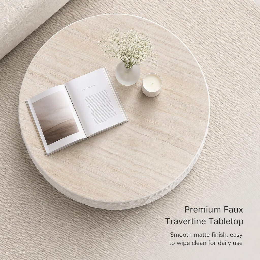 35.43" Round Coffee Table for Living Room, Modern Faux Marble Travertine Coffee Table, Sculptural Fiberglass Drum Cent