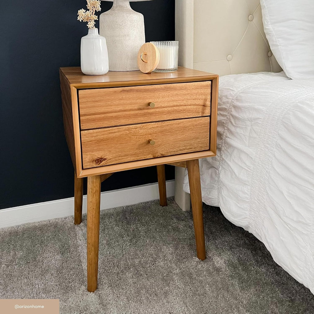 32704 Harper Mid-Century Oak Wood Nightstand with 2-Drawers, Small Side End Table with Storage, Brown