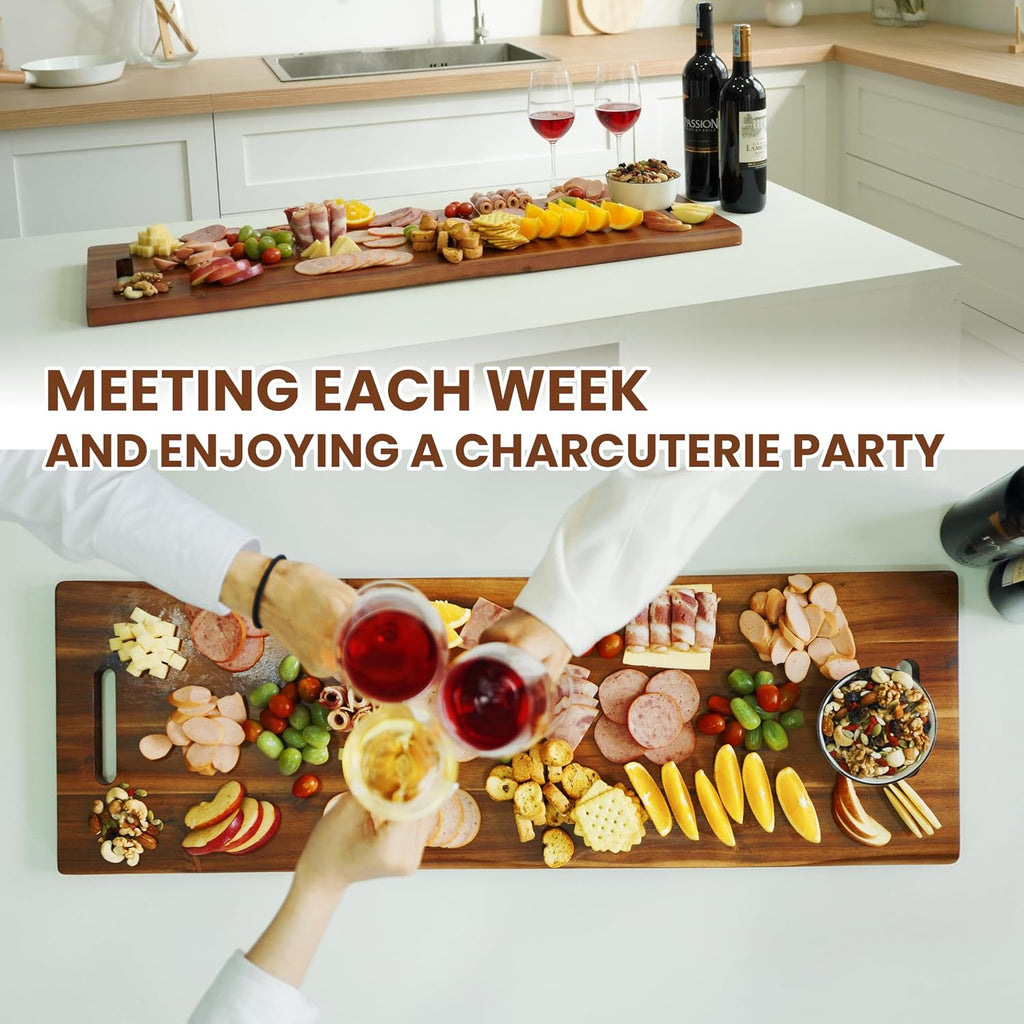36" Large Acacia Wood Charcuterie Board, Built-in Handles, Raw Edge | Dual-sided Design, Extra Long Wooden Serving