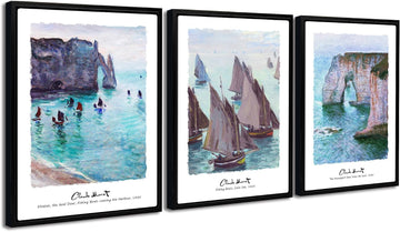3-Piece Claude Monet Prints Framed Wall Art, Fishing Boats Cliffs at Etretat The Aval Door Oil Painting Reproduction