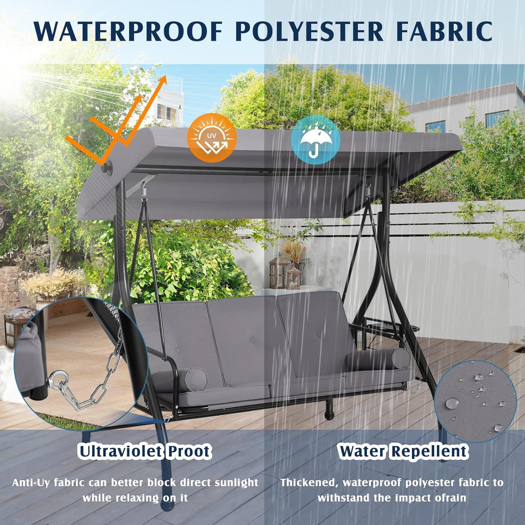3-Seat Outdoor Porch Swing with Adjustable Canopy, 3 Person Convertible Porch Swing Bed with Stand, Heavy Duty Patio