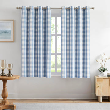 Short Blue Buffalo Check Plaid Blackout Window Curtains 63 Inches