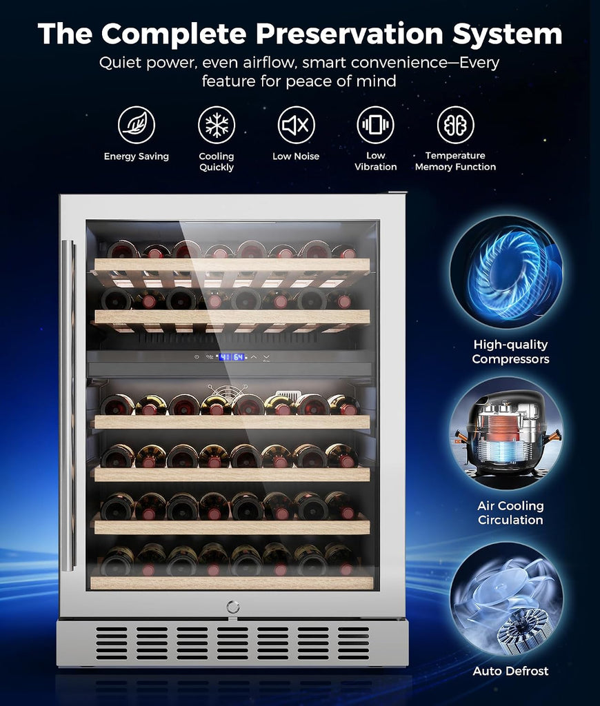 Wine Fridge Beverage Refrigerator - 24” Dual Zone 41 - 64°F/41-64°F Wine Cooler for 46 Bottles, Built