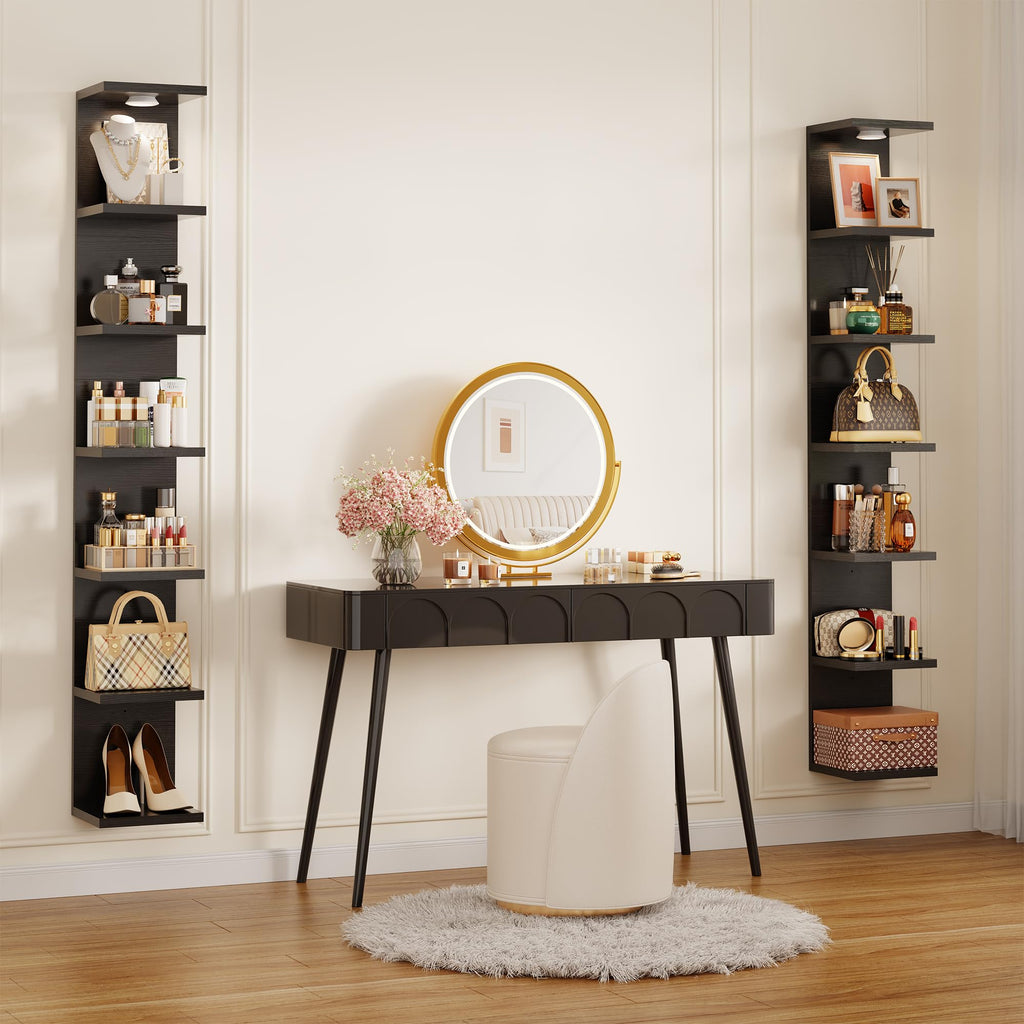 7 Tier Wall Shelf Unit Black Floating Shlef with Led Light for display