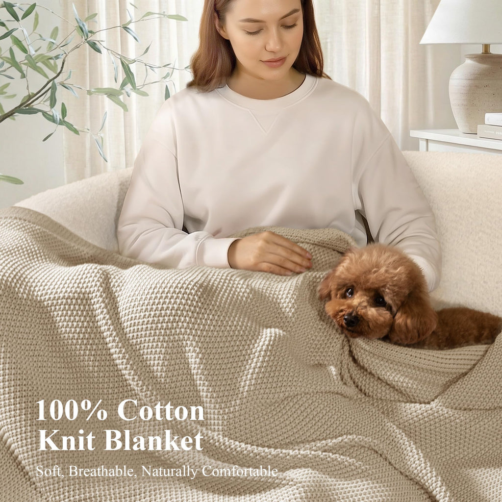100% Cotton Cable Knit Throw Blanket, Lightweight Soft Knit Blanket for Sofa Couch Bed, Breathable All-Season Throw