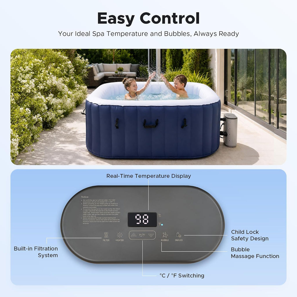 6ft Inflatable Hot Tub, 4-Person Outdoor Spa with 94 Air Jets & Heater | Square 40 °C Powerful Heating & Soothing