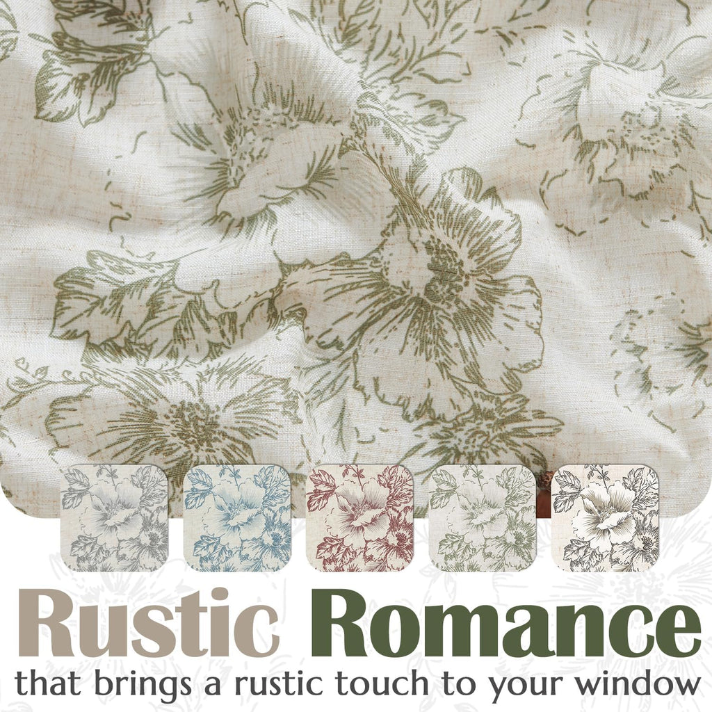 Linen Valance Curtain Farmhouse Sage Green Floral Window Valance, French Country Flower Drapes for Kitchen