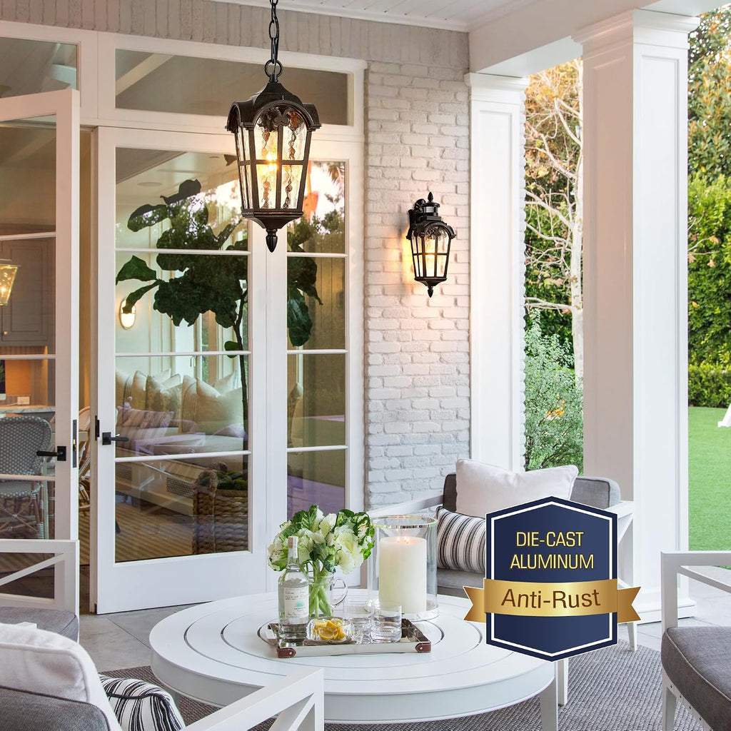 Vintage ORB Pendant Light Fixtures with Gold Trim, 1 Pack Porch Lights Outdoor with Adjustable Chain