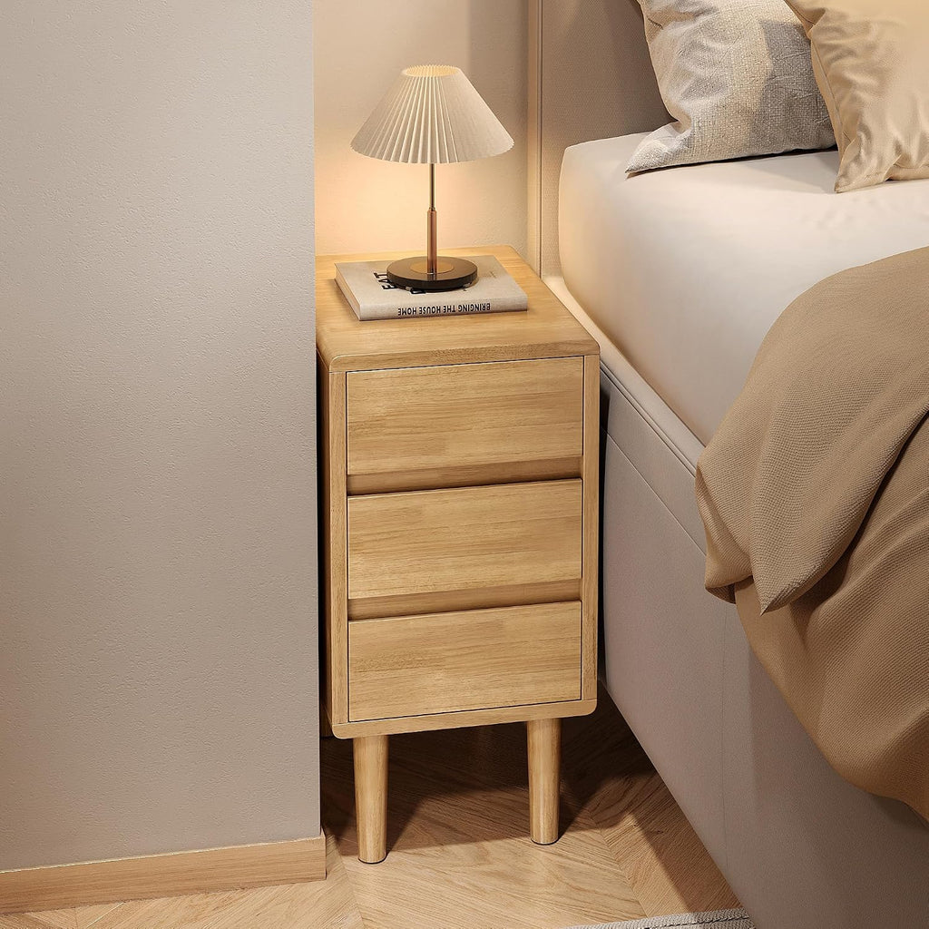 Nightstand with 3 Drawers Narrow Night Stand Solid Wood Bedside Table Mid Century Modern Nightstand Wooden End Table