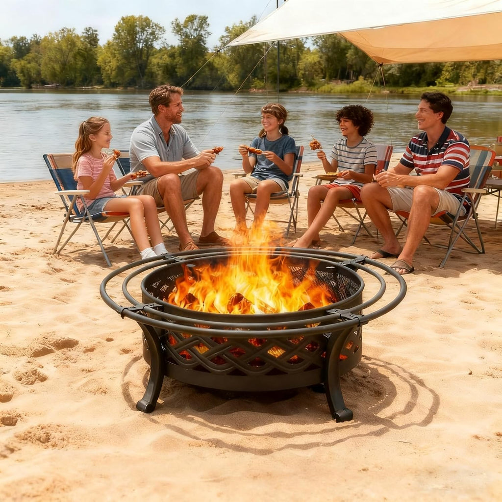 36 Inch Fire Pit with 2 Loops,Crossweave Wood Burning Fire Pits for Outside,with Spark Screen,Fire Poker,Round Outdoor F