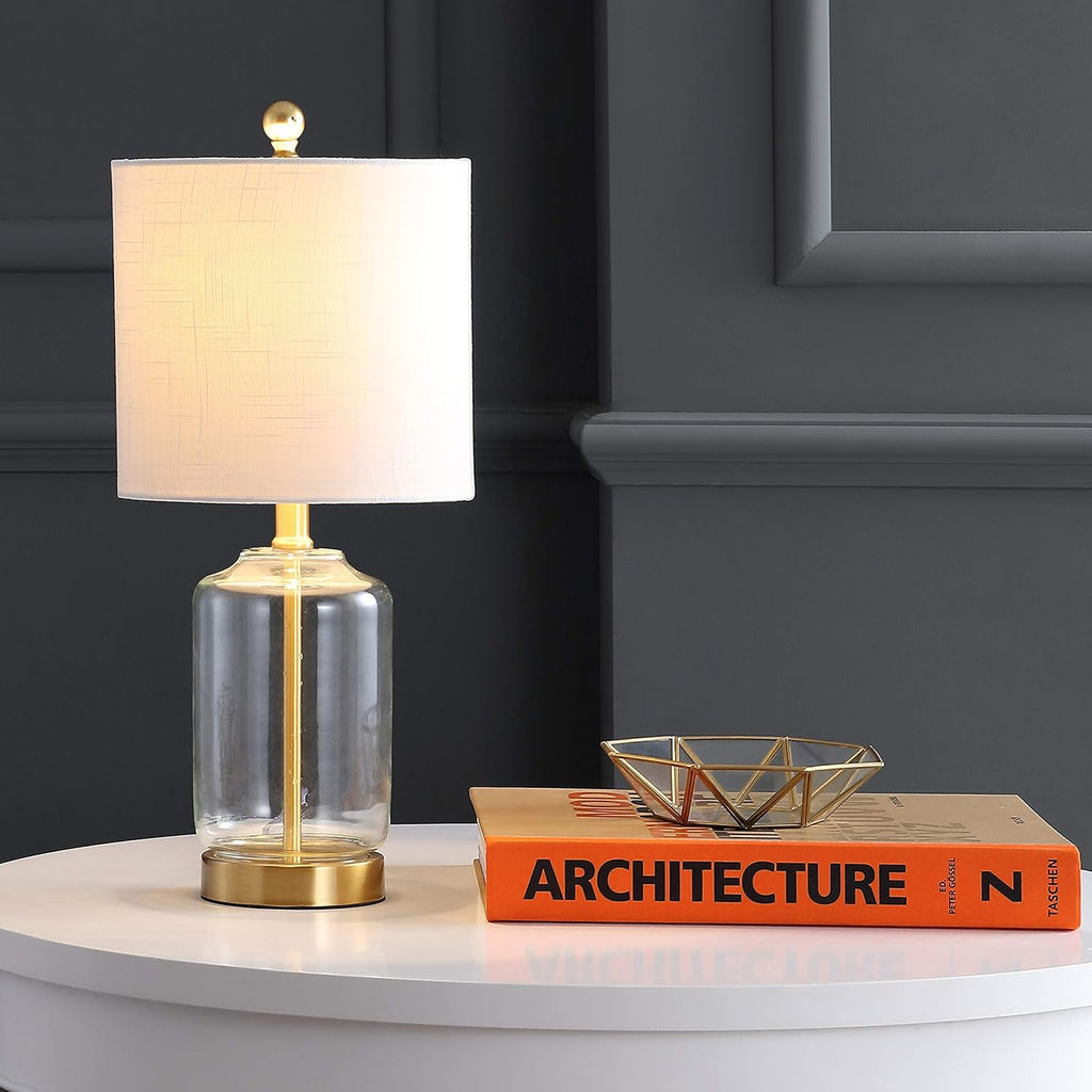 19.5" Brass Gold and Clear Glass Table Lamp, Glam Transitional Bedside Lamp Nightstand, White Linen Drum Shade