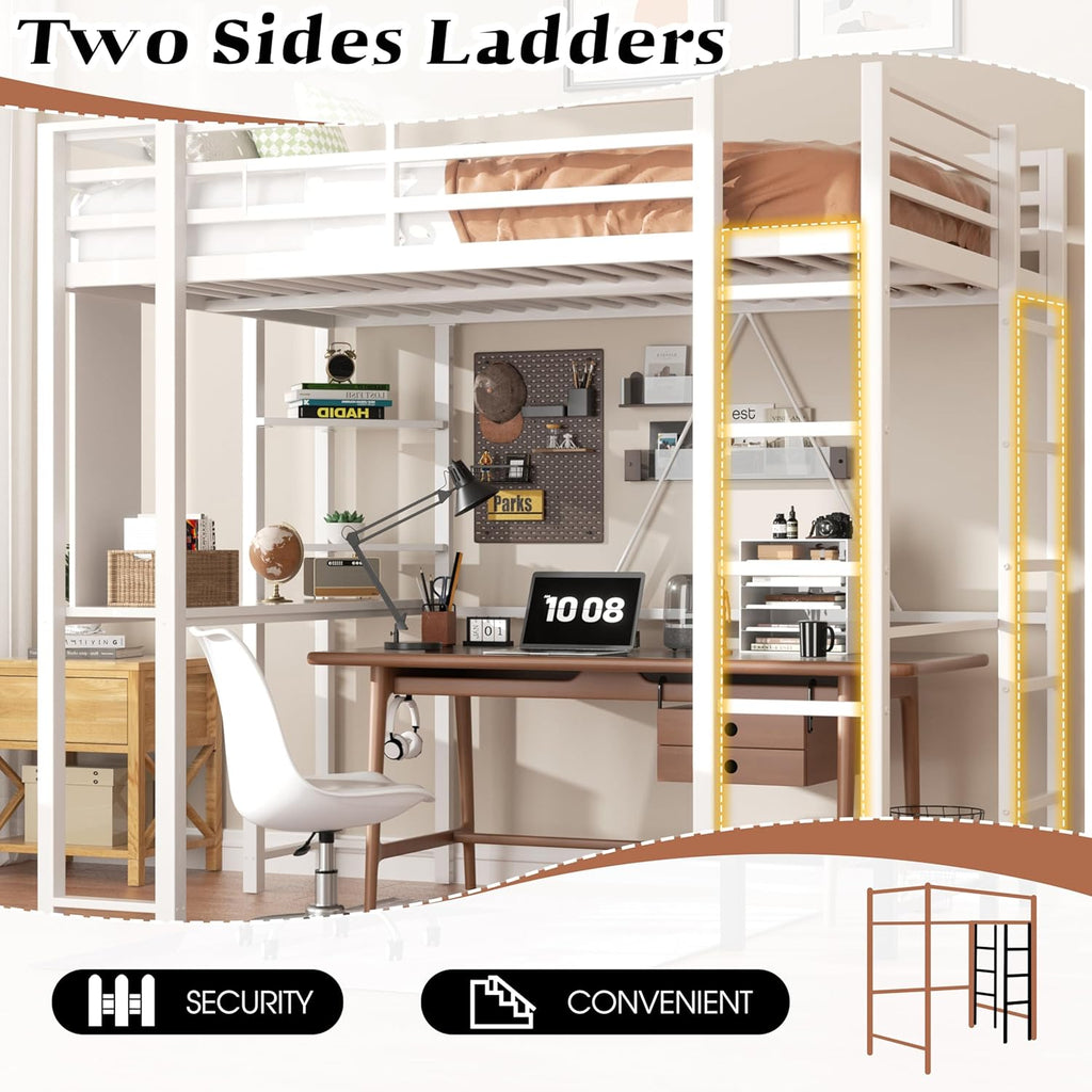 Full Loft Bed with Desk, Metal Frame with 2 Side Ladders, Storage Shelves, Safety Guardrail