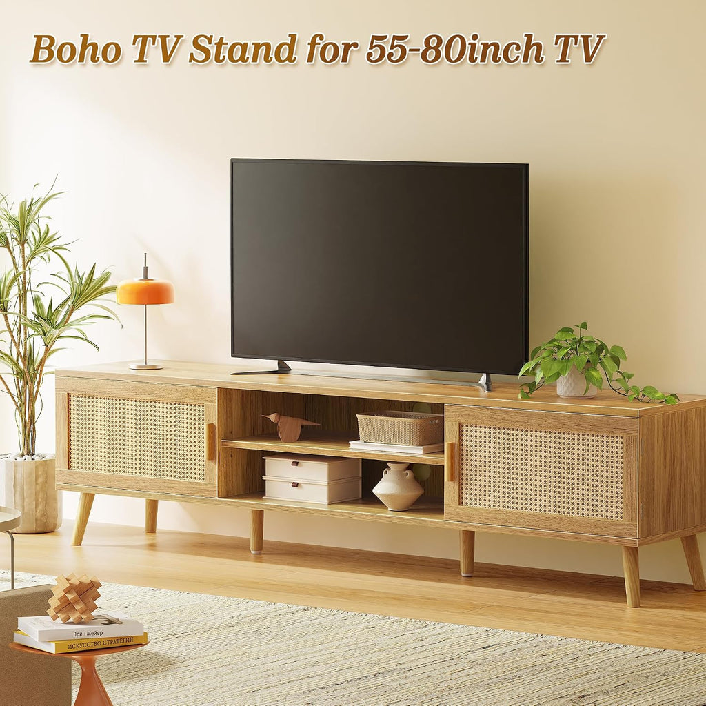 70.9 Inch Boho TV Stand for 75 Inch TV, Entertainment Center with Adjustable Shelf, Rattan TV Console with 2