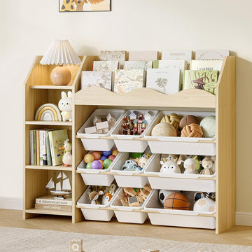 Toy Storage Organizer, Scalloped Bookshelf, 4 Toy Shelves, 9 Bins | Scalloped top book display, 4-tier side shelves